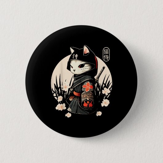 Japans Samurai Cat Tattoo, Kawaii Ninja Cat _1 Ronde Button 5,7 Cm (Voorkant)