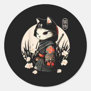 Japans Samurai Cat Tattoo, Kawaii Ninja Cat _1 Ronde Sticker