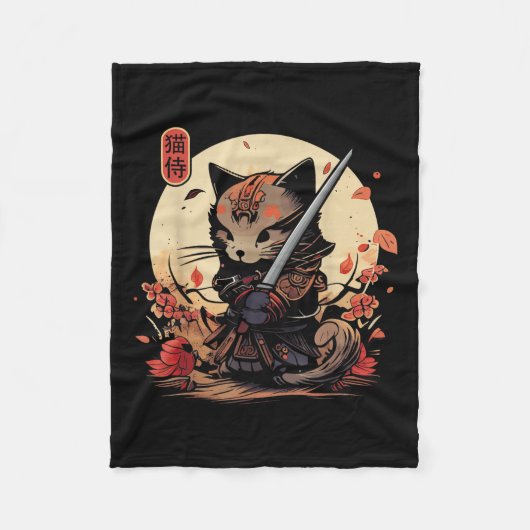 Japans Samurai Cat Tattoo, Kawaii Ninja Cat _2 Fleece Deken (Voorkant)