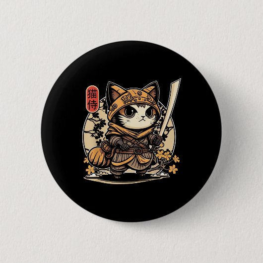 Japans Samurai Cat Tattoo, Kawaii Ninja Cat _3 Ronde Button 5,7 Cm (Voorkant)