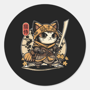 Japans Samurai Cat Tattoo, Kawaii Ninja Cat _3 Ronde Sticker
