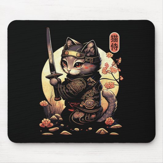 Japans Samurai Cat Tattoo, Kawaii Ninja Cat Muismat (Voorkant)
