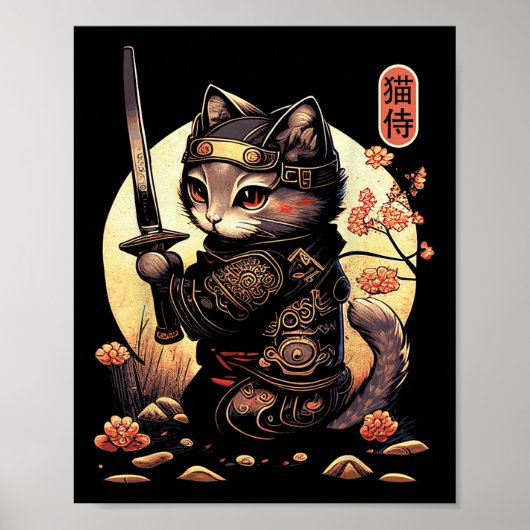 Japans Samurai Cat Tattoo, Kawaii Ninja Cat Poster (Voorkant)