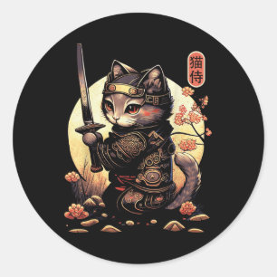 Japans Samurai Cat Tattoo, Kawaii Ninja Cat Ronde Sticker