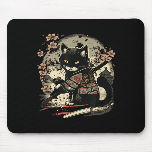 Japans Samurai Cat Tattoo, Kawaii Ninja Muismat (Voorkant)