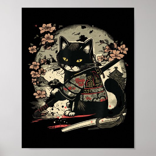 Japans Samurai Cat Tattoo, Kawaii Ninja Poster (Voorkant)