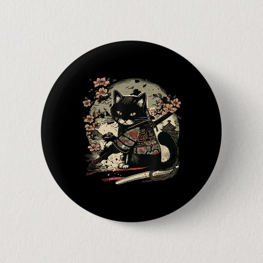 Japans Samurai Cat Tattoo, Kawaii Ninja Ronde Button 5,7 Cm (Voorkant)