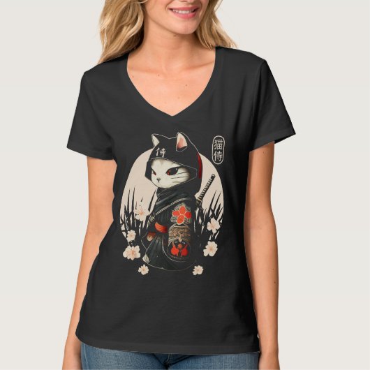 Japans Samurai Cat Tattoo, Ninja Cat T-shirt (Voorkant)