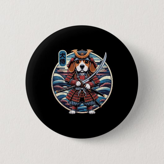 Japans Samurai Dog Tattoo, Beagle Kawaii Ninja _ Ronde Button 5,7 Cm (Voorkant)