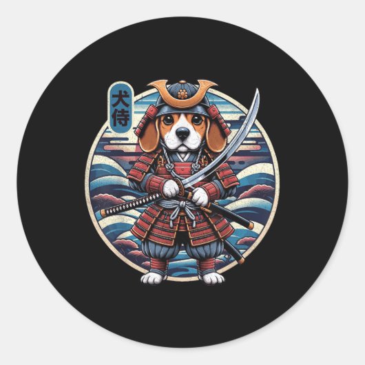 Japans Samurai Dog Tattoo, Beagle Kawaii Ninja _ Ronde Sticker (Voorkant)
