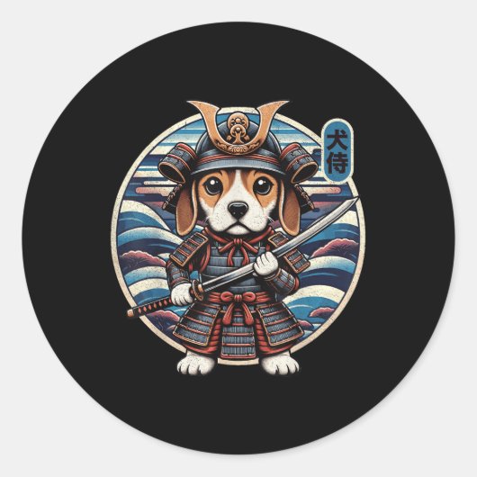 Japans Samurai Dog Tattoo, Beagle Kawaii Ninja Ronde Sticker (Voorkant)