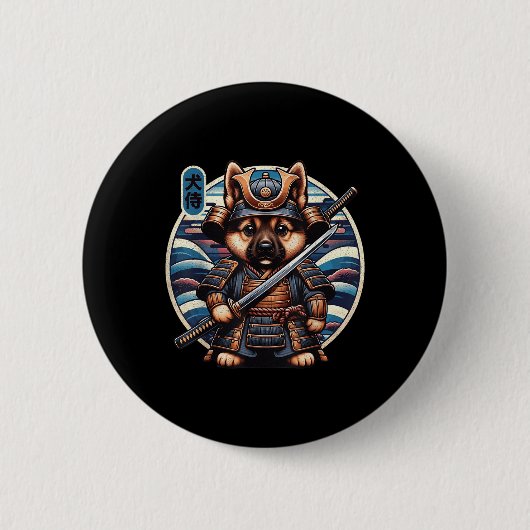 Japans Samurai Dog Tattoo, Duitse herder Kawai Ronde Button 5,7 Cm (Voorkant)