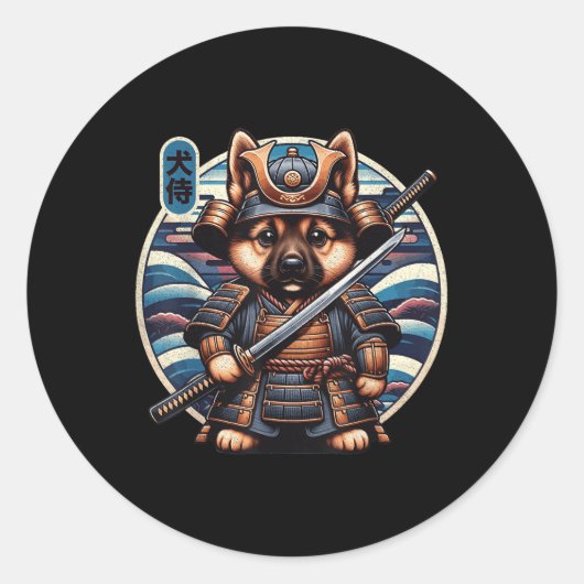 Japans Samurai Dog Tattoo, Duitse herder Kawai Ronde Sticker (Voorkant)