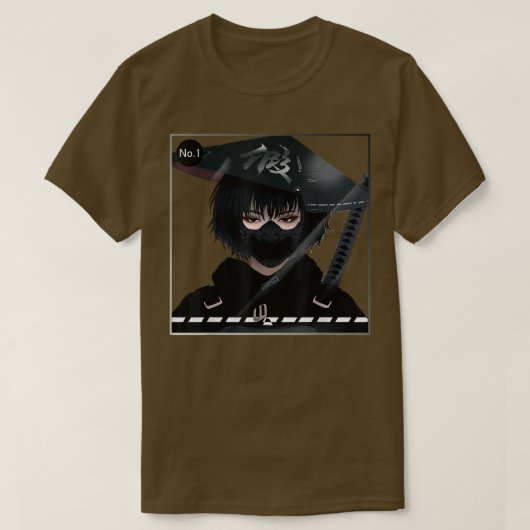 Japans Samurai meisje in zwarte esthetische cyborg T-shirt (Design voorkant)