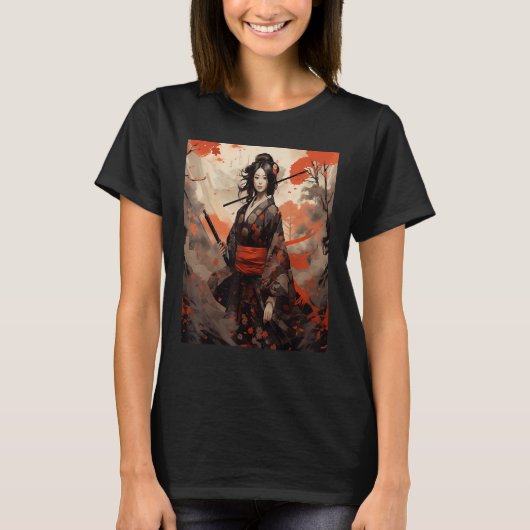 Japans Samurai Meisje Retro Sakura Cherry T-shirt (Voorkant)