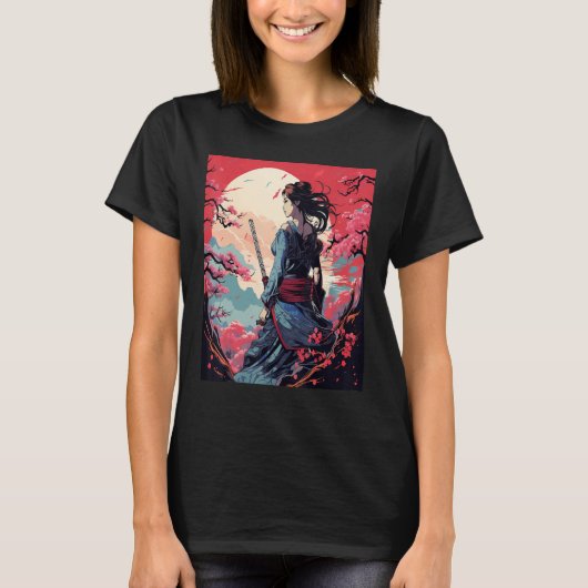 Japans Samurai Meisje Retro Sakura Cherry T-shirt (Voorkant)