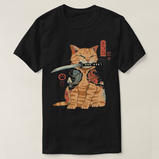 Japans Samurai Ninja Cat Kawaii Tattoo Grafisch T-shirt (Design voorkant)