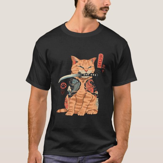 Japans Samurai Ninja Cat Kawaii Tattoo T-shirt (Voorkant)
