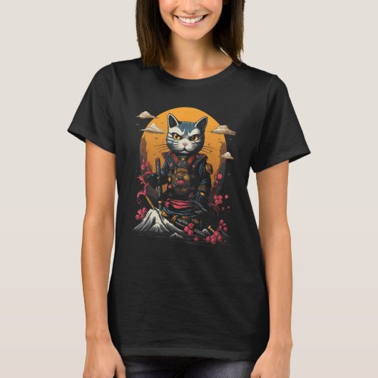 Japans Samurai Ninja Cat Retro Tattoo Grafisch # T-shirt (Voorkant)
