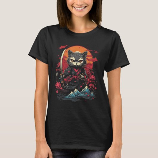 Japans Samurai Ninja Cat Retro Tattoo Grafisch # T-shirt (Voorkant)