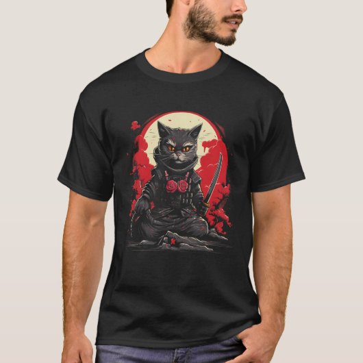 Japans Samurai Ninja Cat Retro Tattoo Grafisch # T-shirt (Voorkant)