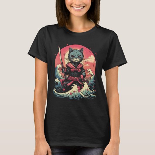 Japans Samurai Ninja Cat Retro Tattoo Grafisch # T-shirt (Voorkant)