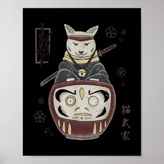 Japans Samurai Ninja kat op Daruma Traditional T Poster (Voorkant)