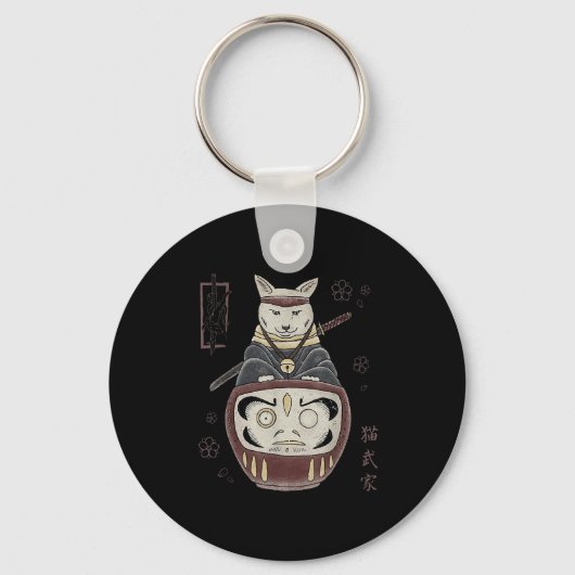 Japans Samurai Ninja kat op Daruma Traditional T Sleutelhanger (Voorkant)
