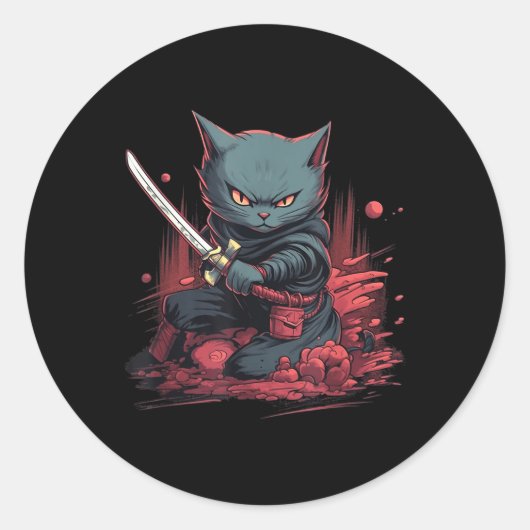 Japans Samurai Ninja Kat Tattoo Kawaii Ronde Sticker (Voorkant)