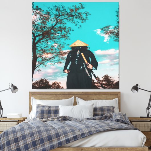 Japans Samurai-strijder voor de muur Canvas Afdruk (Insitu (Slaapkamer))