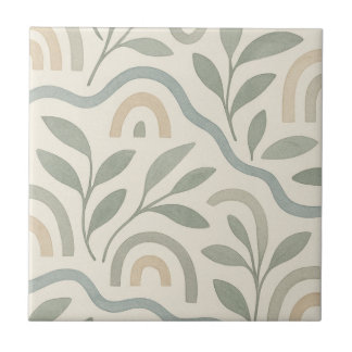 Japans Scandinavisch Blauw Groen Waterverf Bloemen Tegeltje