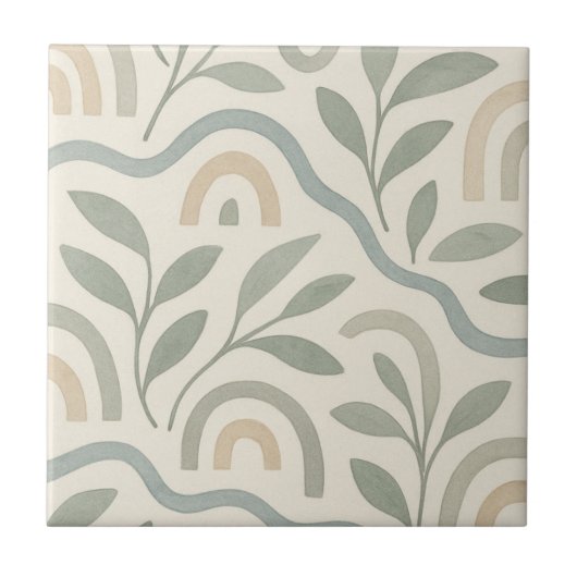 Japans Scandinavisch Blauw Groen Waterverf Bloemen Tegeltje (Voorkant)