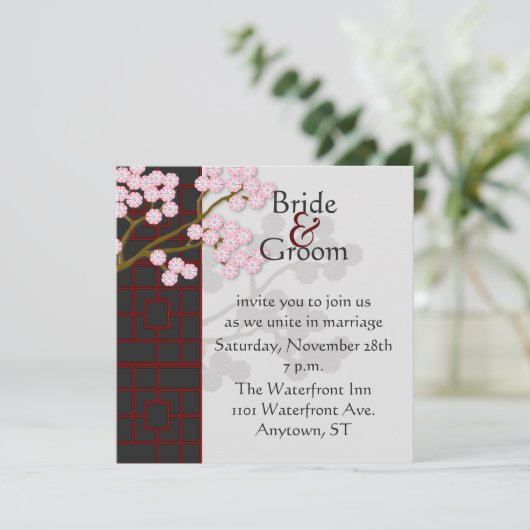 Japans scherm en roze uitnodiging tot weduwschap (Staand voorkant)