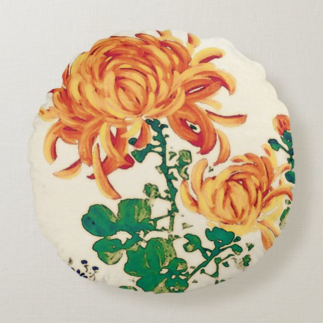  Japans schilderen van Chrysanthema Rond Kussen (Voorkant)