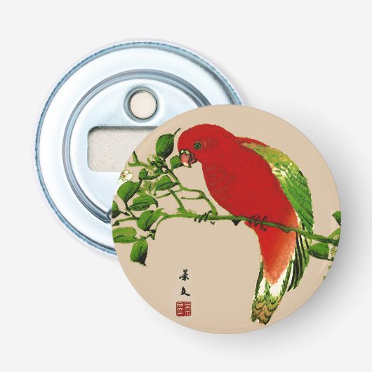  Japans schilderen van een papegaai, rood en groen Button Flesopener (Voorkant)