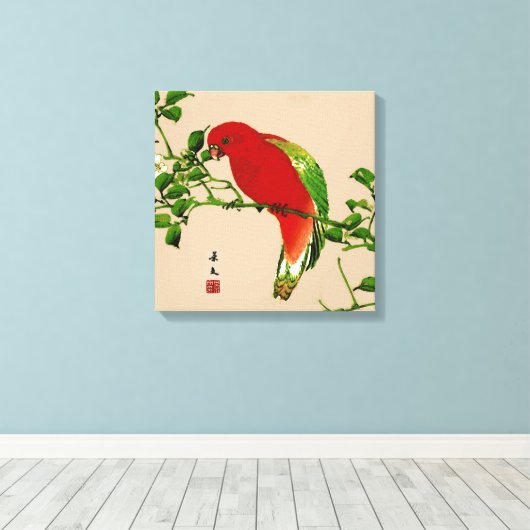  Japans schilderen van een papegaai, rood en groen Canvas Afdruk (Insitu (Houten vloer))