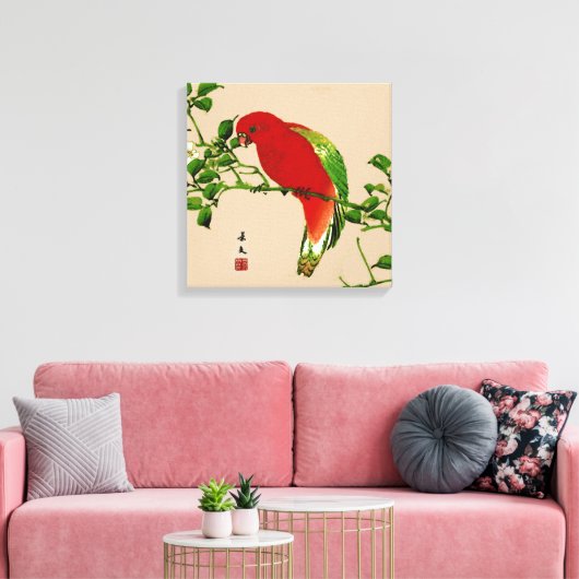  Japans schilderen van een papegaai, rood en groen Canvas Afdruk (Insitu (Woonkamer))