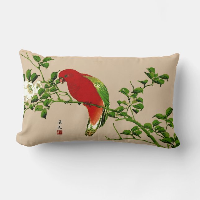  Japans schilderen van een papegaai, rood en groen Kussen (Voorkant)