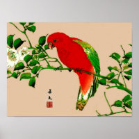 Japans schilderen van een papegaai, rood en groen