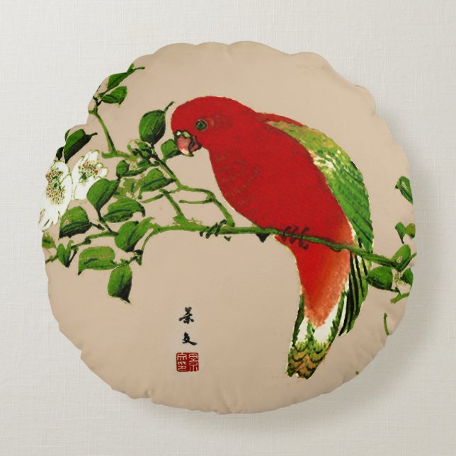  Japans schilderen van een papegaai, rood en groen Rond Kussen (Voorkant)