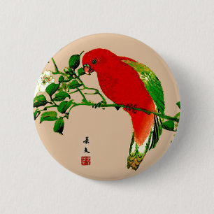  Japans schilderen van een papegaai, rood en groen Ronde Button 5,7 Cm