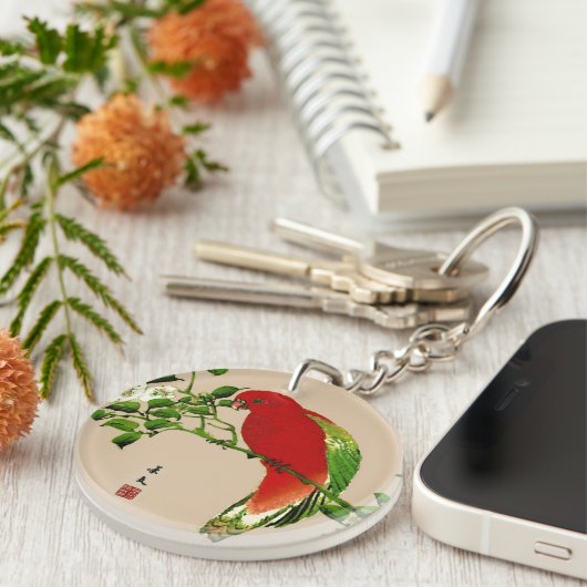  Japans schilderen van een papegaai, rood en groen Sleutelhanger (Voorkant Rechts)