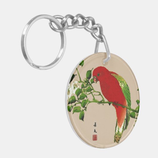  Japans schilderen van een papegaai, rood en groen Sleutelhanger (Voorkant Links)