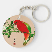  Japans schilderen van een papegaai, rood en groen Sleutelhanger (Achterkant)