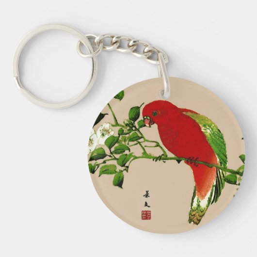  Japans schilderen van een papegaai, rood en groen Sleutelhanger (Voorkant)