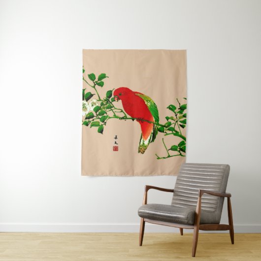 Japans schilderen van een papegaai, rood en groen Wandkleed (In situ)