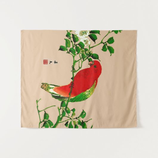  Japans schilderen van een papegaai, rood en groen Wandkleed (Voorkant (horizontaal))
