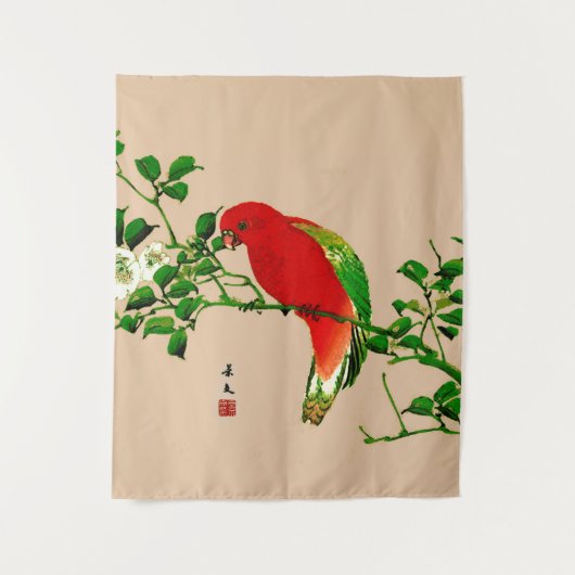  Japans schilderen van een papegaai, rood en groen Wandkleed (Voorkant)