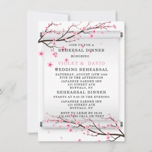 Japans scrolCherry Blossom Rehearsal Dinner Kaart (Voorkant)