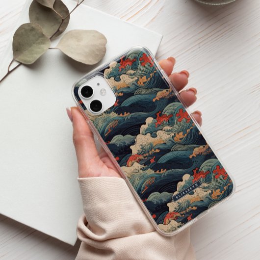 Japans Seigaiha Blauw & Red Wave Monogram Case-Mate iPhone Case